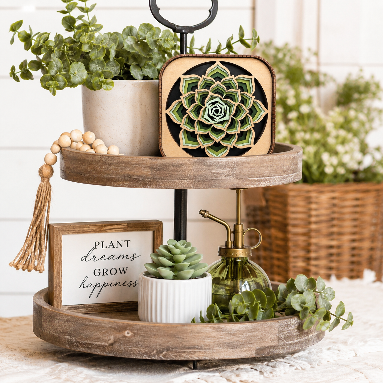 Succulent wood shelf sitter displayed on a farmhouse tiered tray with plant-themed decor