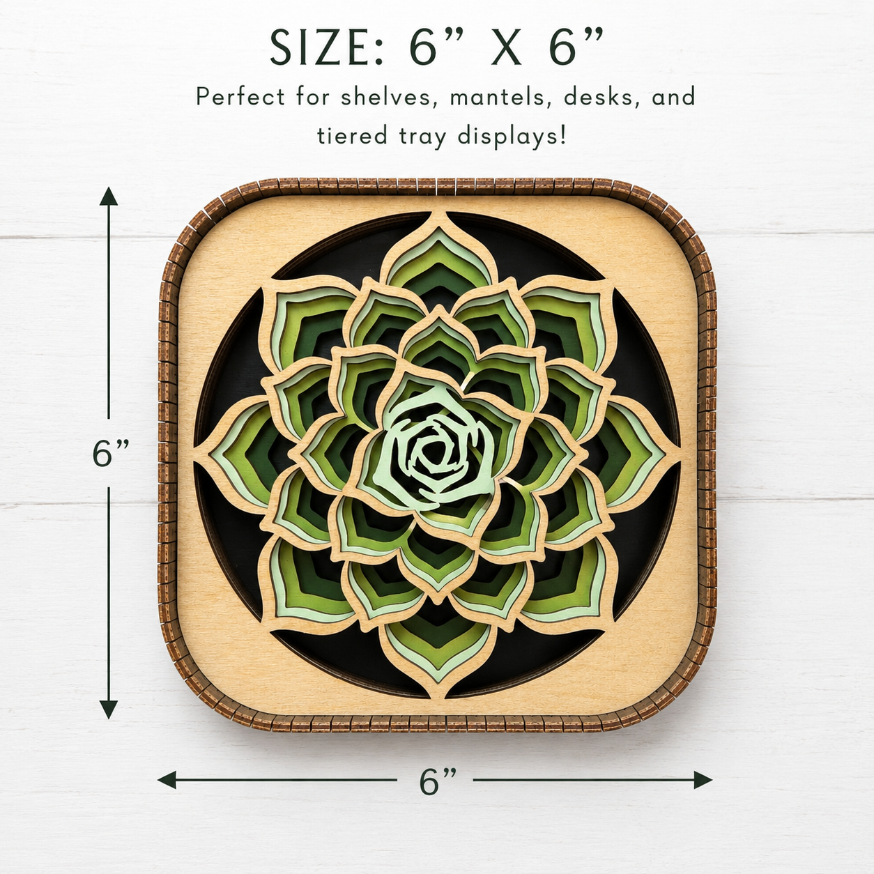 6 x 6 inch succulent wood shelf sitter with dimensional layered wood artwork