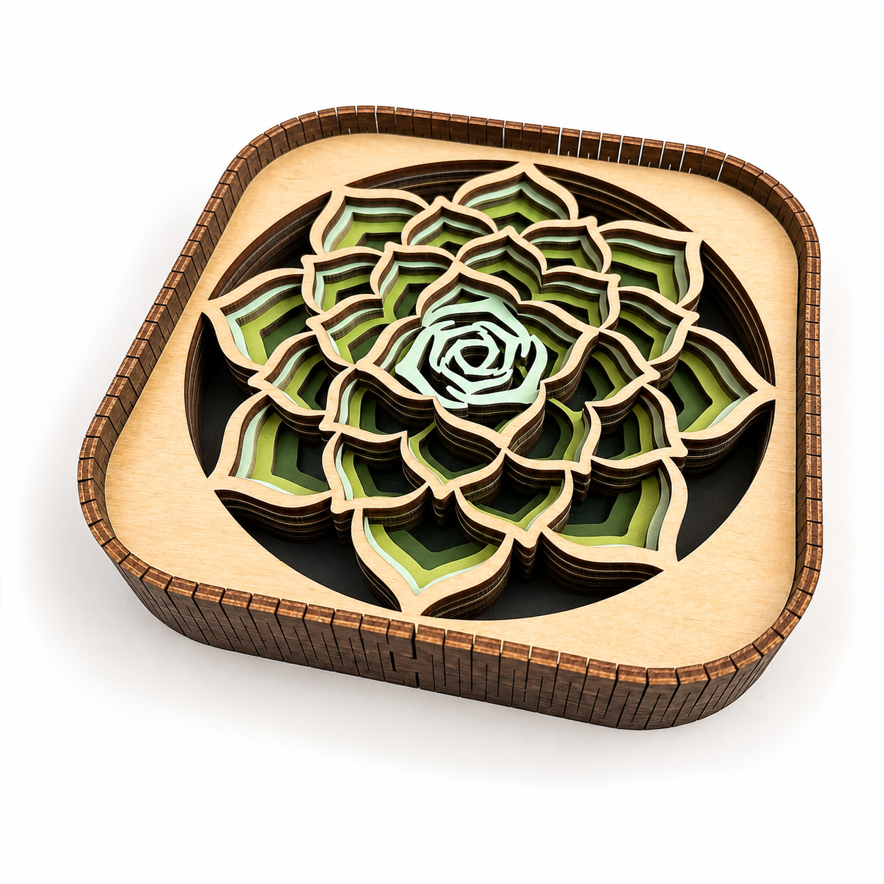 Close-up of layered wood succulent artwork showing detailed laser-cut design and dimensional wood layers