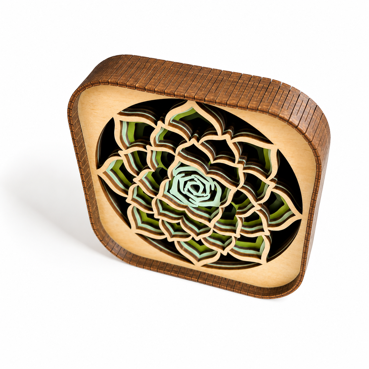 Side view of 3D layered succulent wood decor showing depth and laser cut details