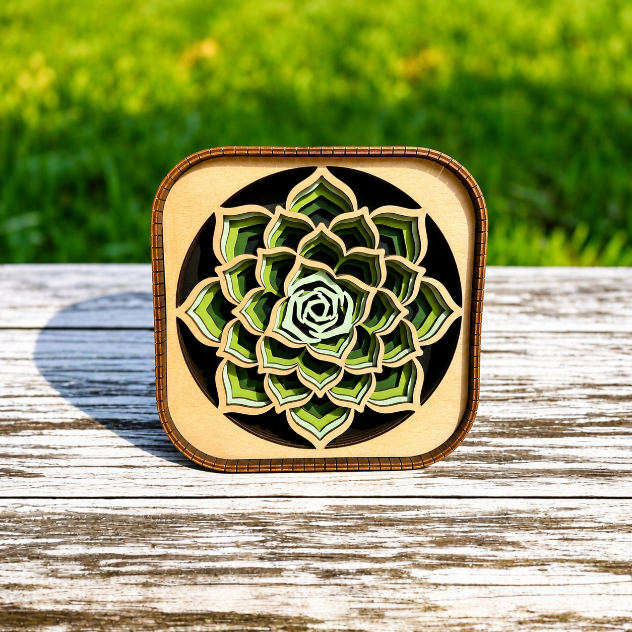 Layered wood succulent shelf sitter displayed outdoors with natural greenery background