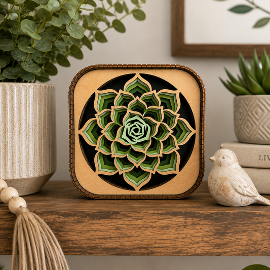 Handmade 3D wood succulent shelf sitter displayed on a shelf with houseplants and botanical home decor