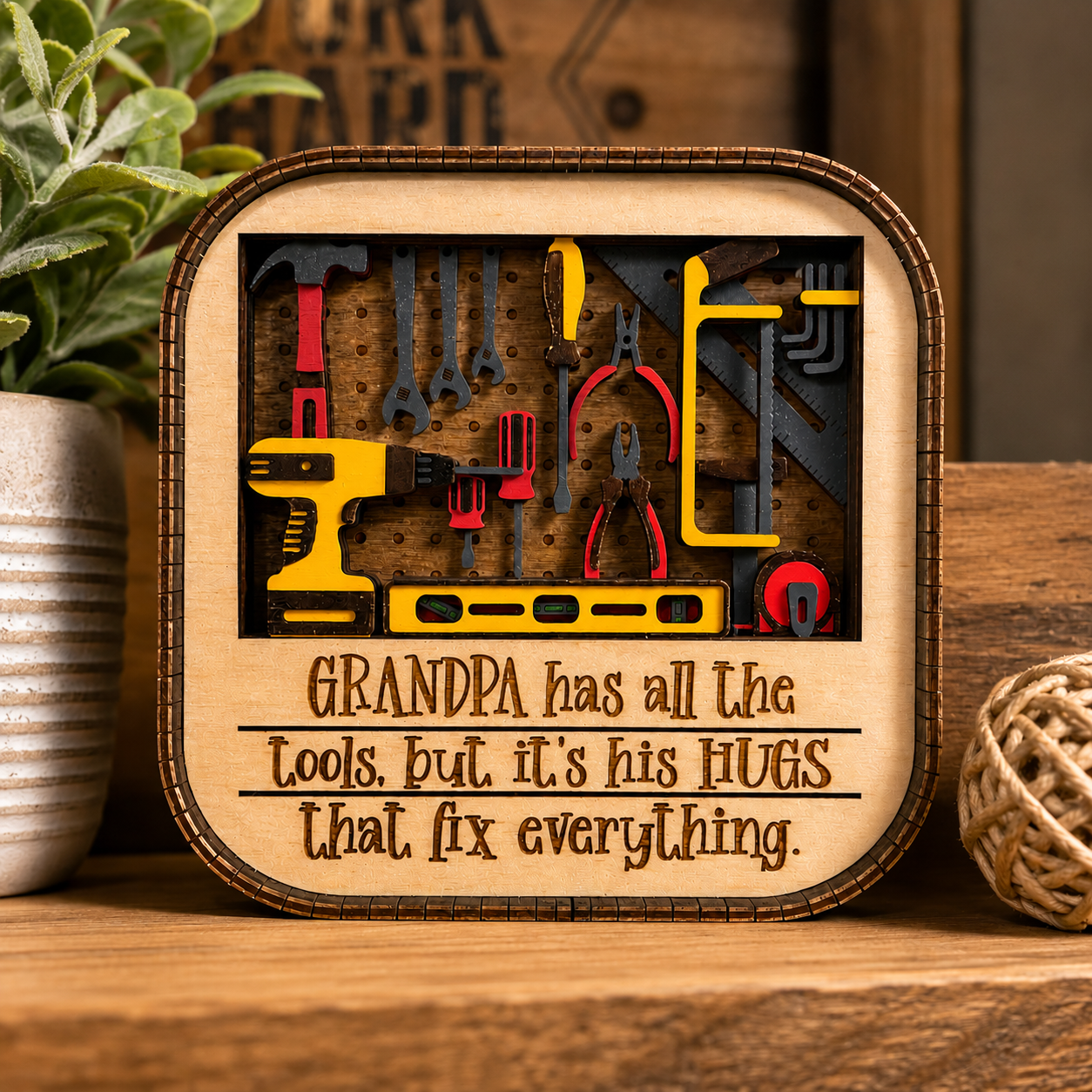 Rustic wood shelf display gift for fathers and grandfathers, handcrafted layered sign with tools and meaningful family quote