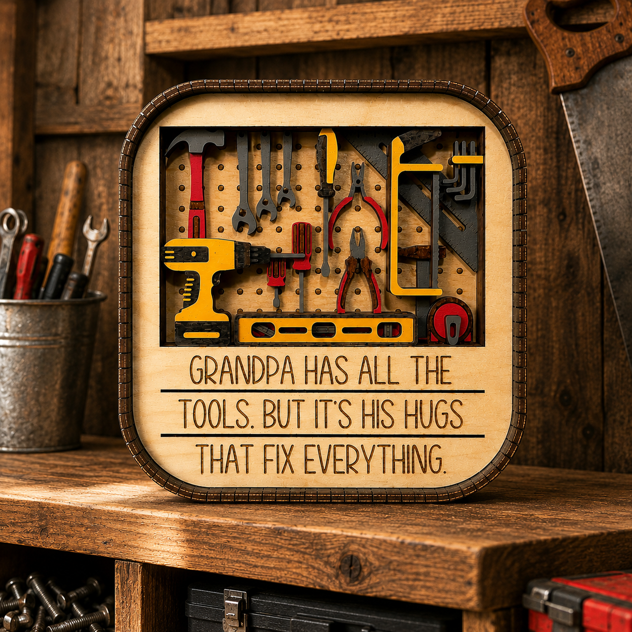 3D wood Grandpa tool shelf sitter displayed on a rustic workshop shelf with tools and decor