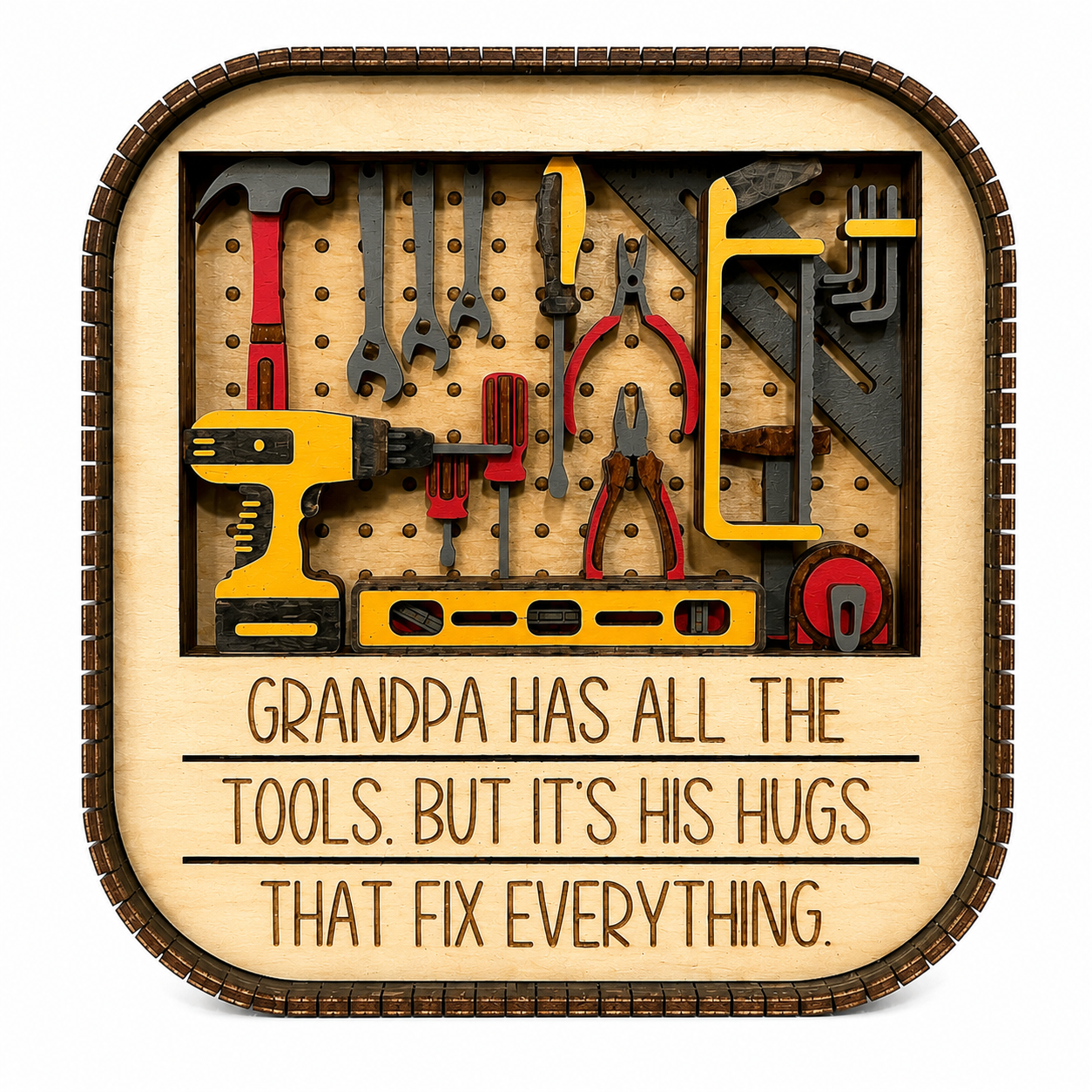 Laser cut wood Dad shelf sitter with layered workshop tools and heartfelt quote