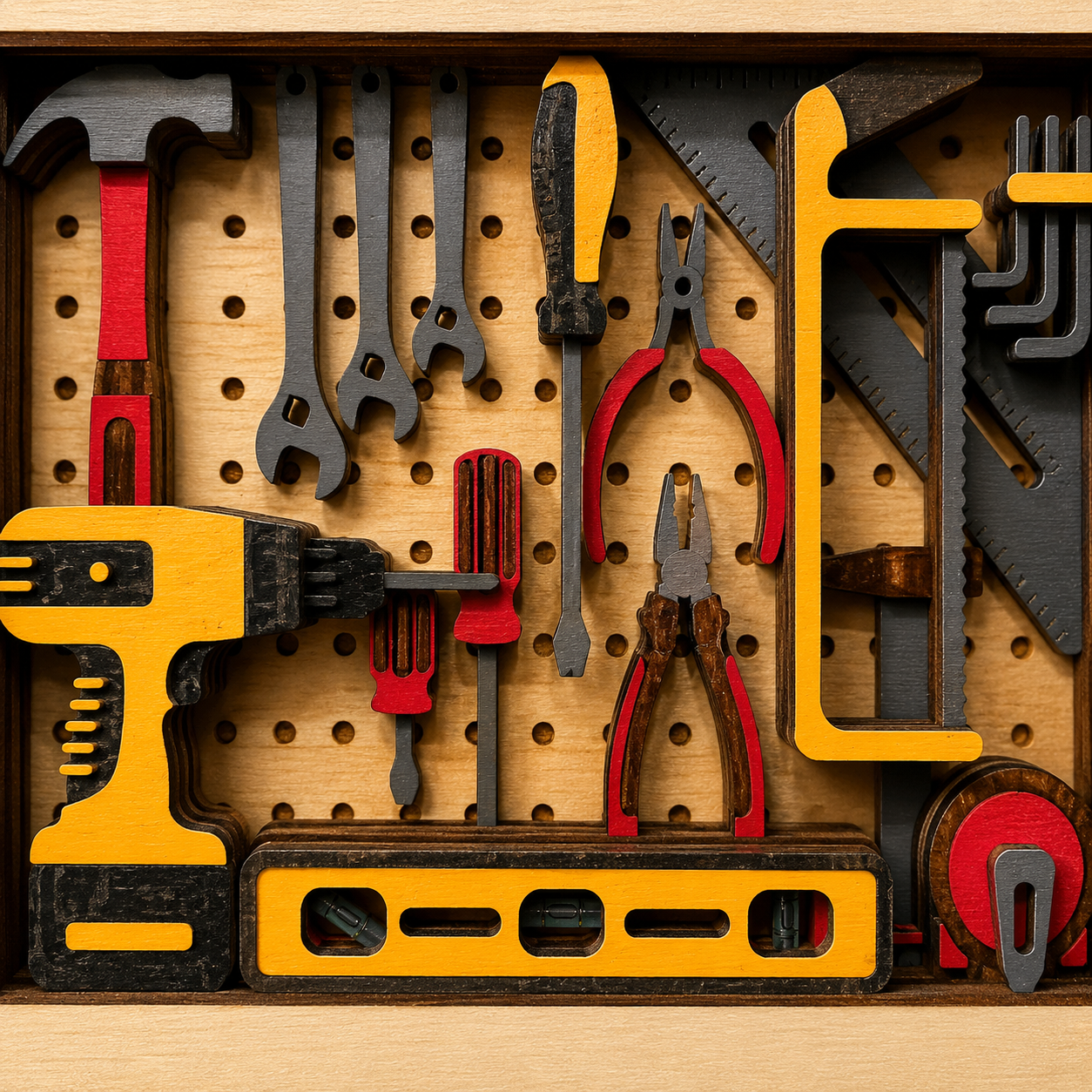 Close-up of layered wooden workshop tools including drill, hammer, pliers, and wrenches