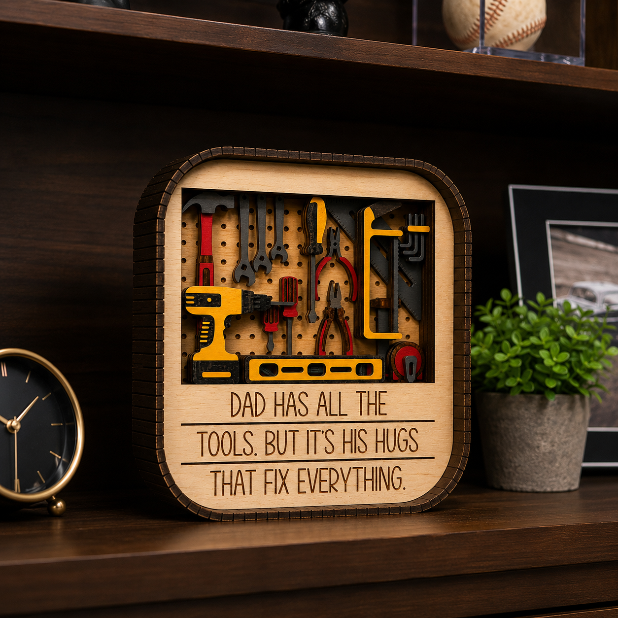Handmade Dad shelf sitter displayed on a masculine office bookshelf