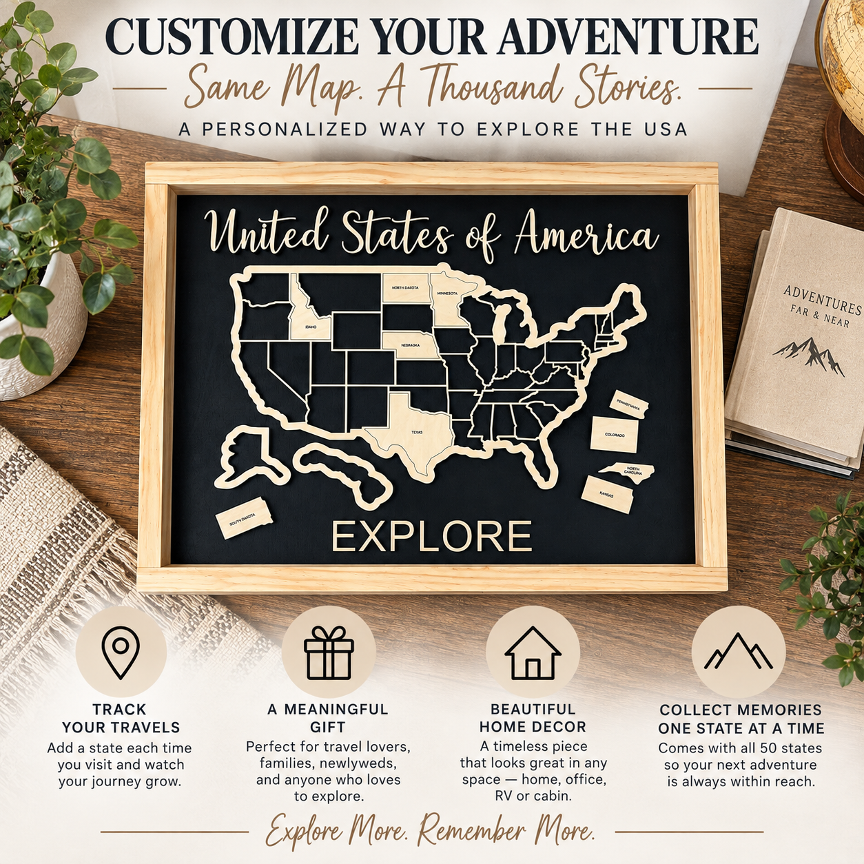Customizable wooden USA travel map with choice of background color and frame finish