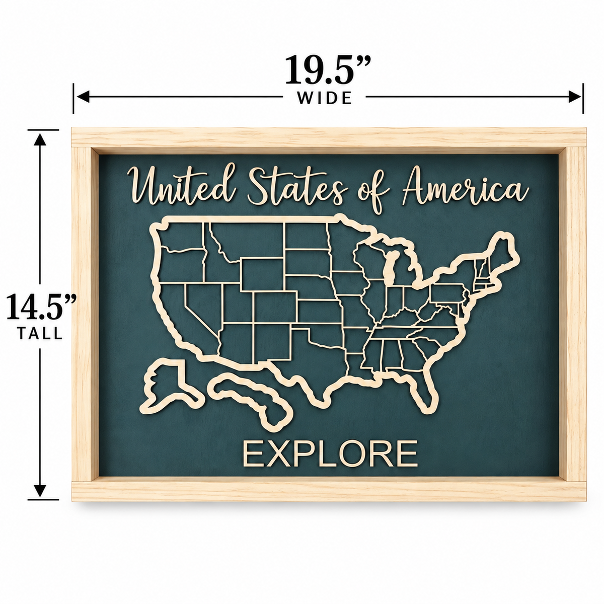 Wooden USA travel map measuring approximately 19.5 inches wide by 14.5 inches tall