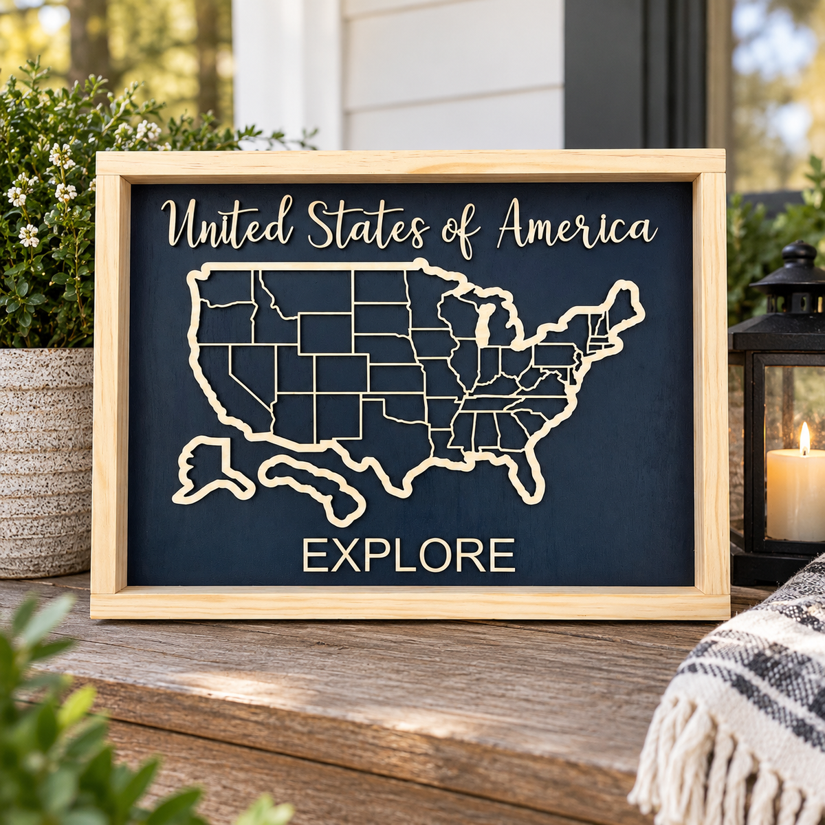 Wooden USA travel map displayed on a rustic porch with natural pine frame and black background