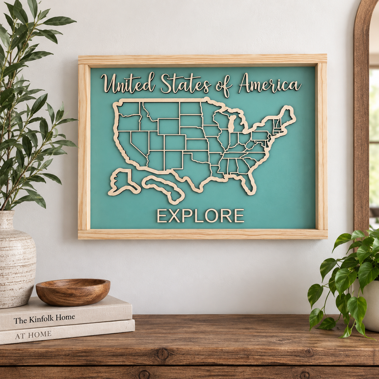 USA travel tracker map with individual labeled wooden state pieces included for all 50 states
