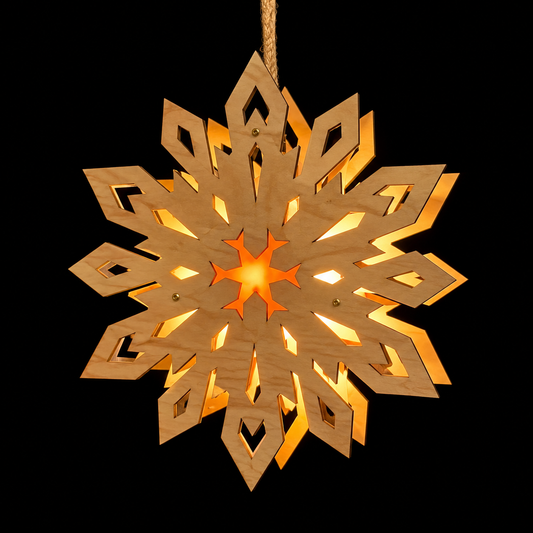 Lighted wooden snowflake Welcome Light with intricate Nordic geometric cutouts and warm amber glow against black.