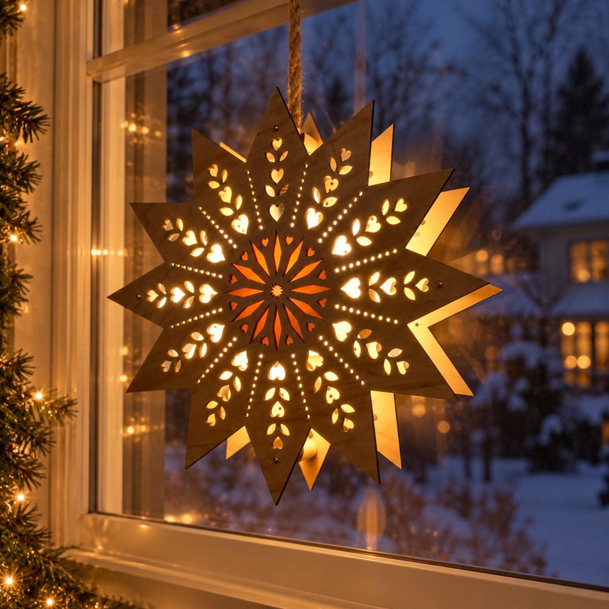 Scandinavian wooden star welcome light hanging and glowing in a front window