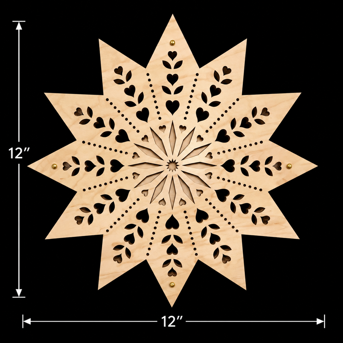 Scandinavian star welcome light size shown as 12 inches wide by 12 inches tall