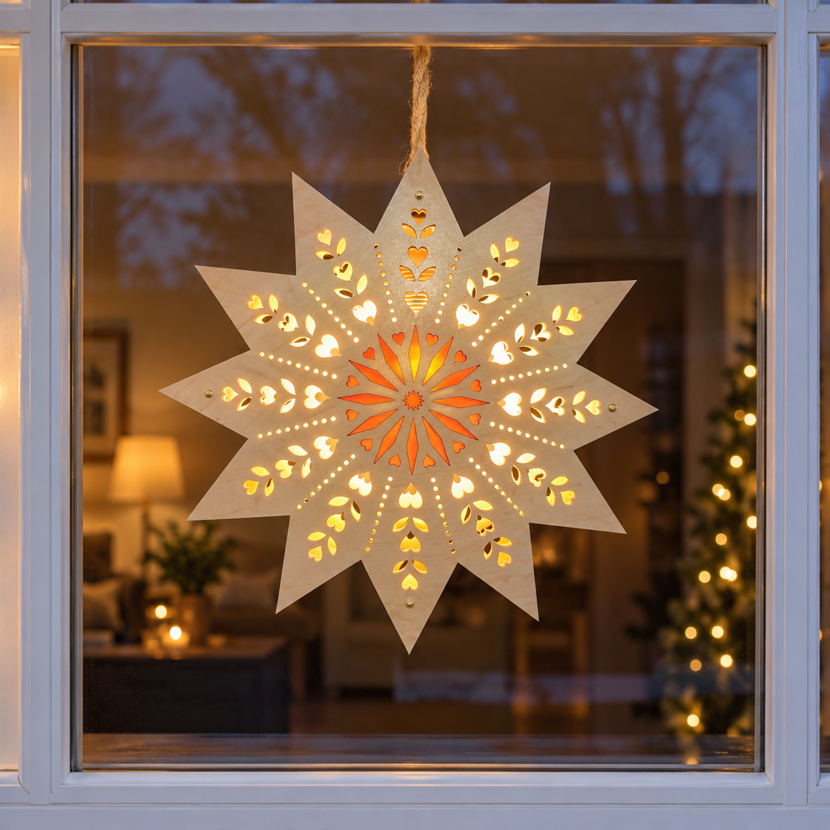 Handcrafted wooden star light displayed with warm Scandinavian inspired winter home decor