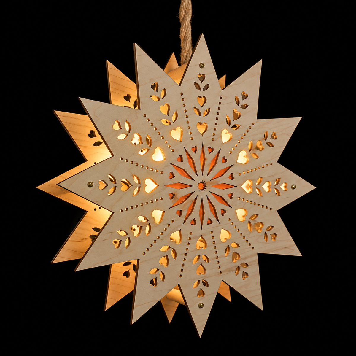 Scandinavian star welcome light in maple with warm glow and heart and leaf cutout design