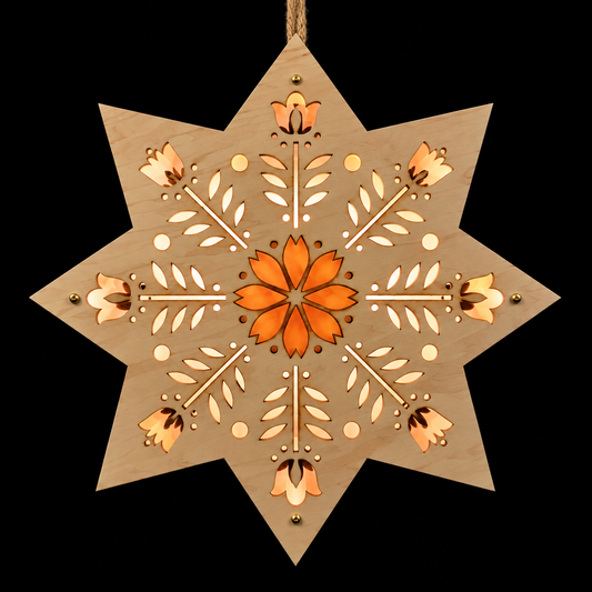 Maple, illuminated: Handcrafted Scandinavian floral wooden star light in maple with glowing orange center and botanical cutouts against a black background.