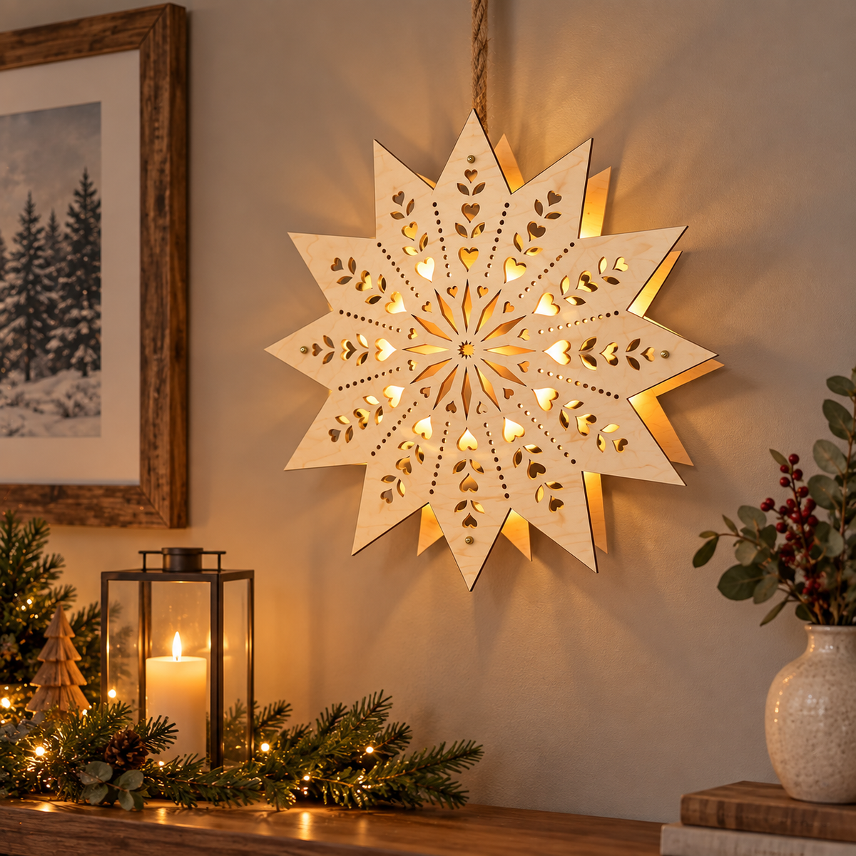 Glowing Scandinavian wooden star welcome light hanging on a wall with cozy winter decor