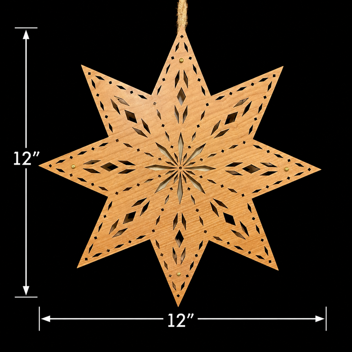 Unlit Scandinavian wooden star window light on a black background with measurement arrows showing 12 inches tall and 12 inches wide.
