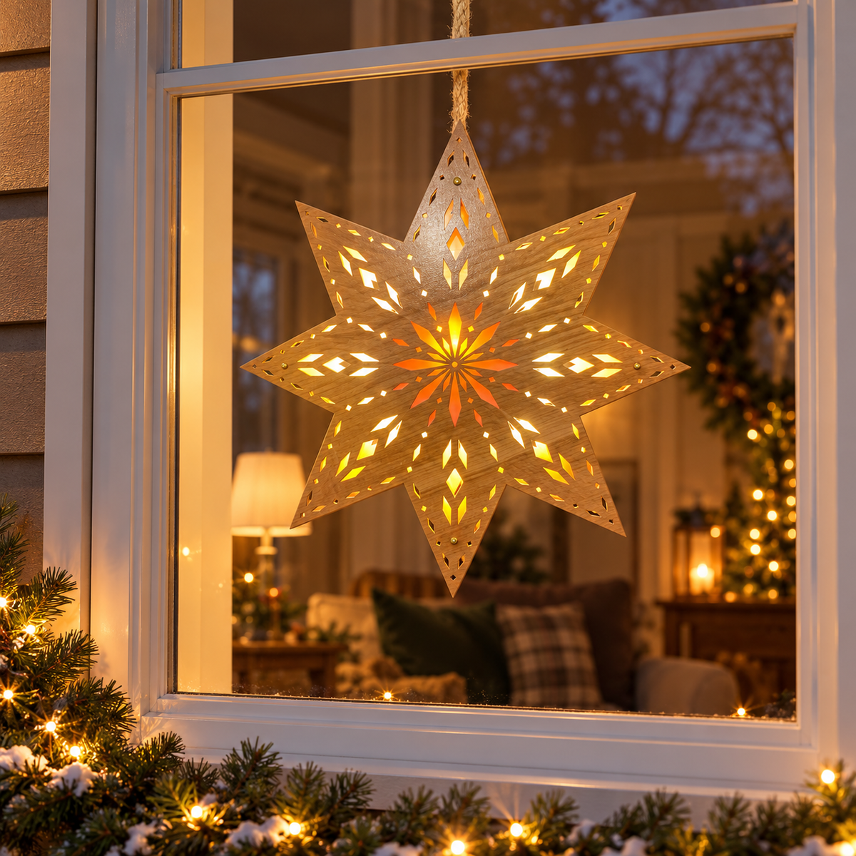 Scandinavian wooden star light glowing in a front window at dusk, with a cozy living room, warm interior lighting and seasonal greenery.