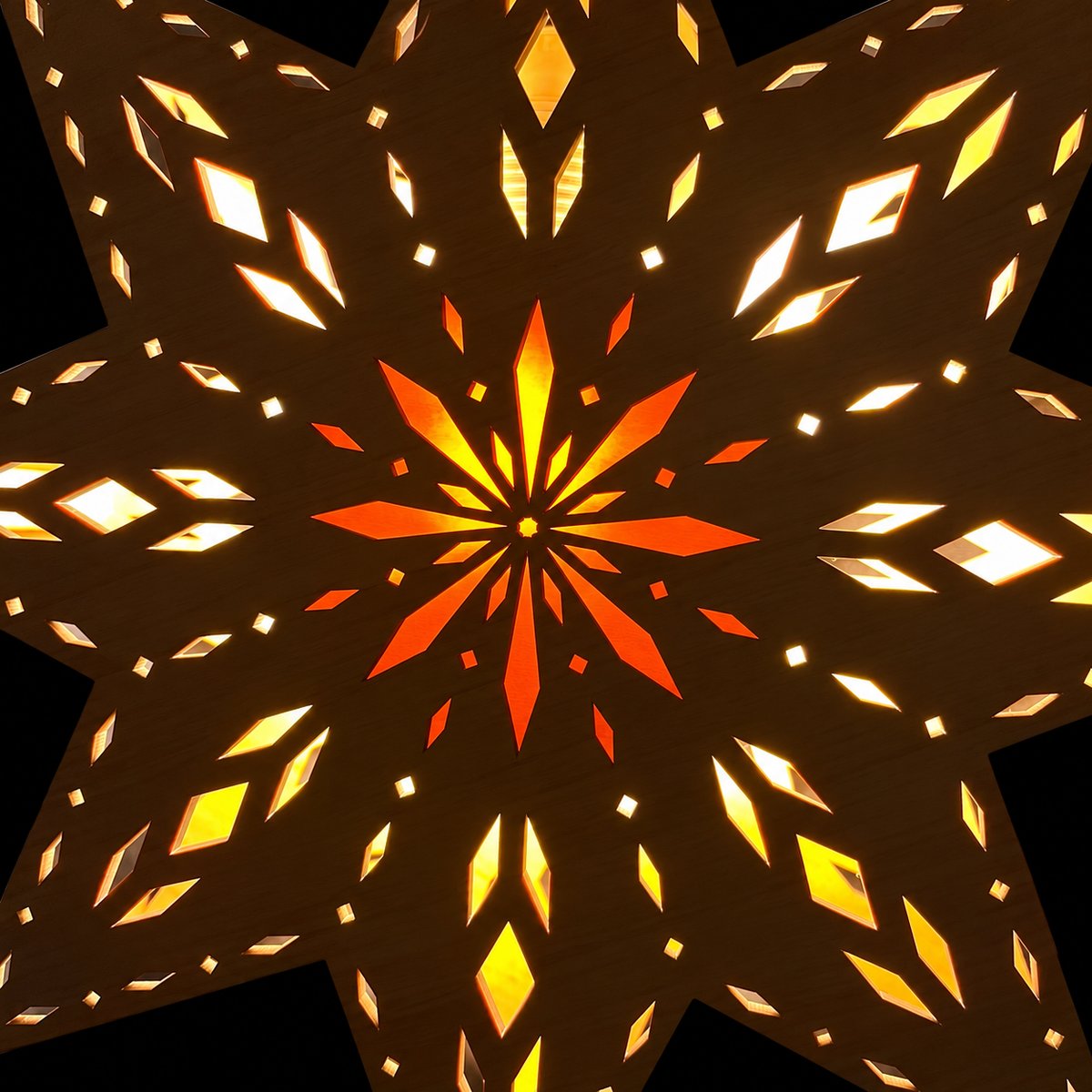 Close-up of the Scandinavian wooden star light showing intricate geometric cutouts, warm white illumination and an orange glowing starburst center.