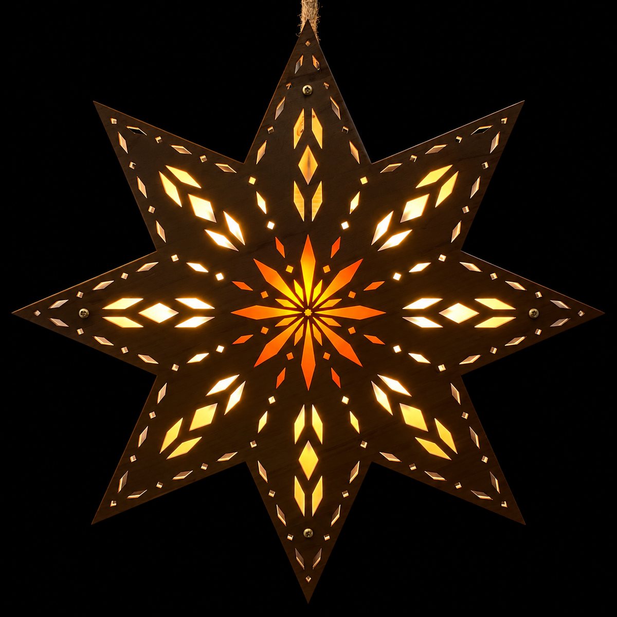 Warm brown wooden Scandinavian star window light with detailed geometric cutouts, layered star design and soft golden illumination against a black background.