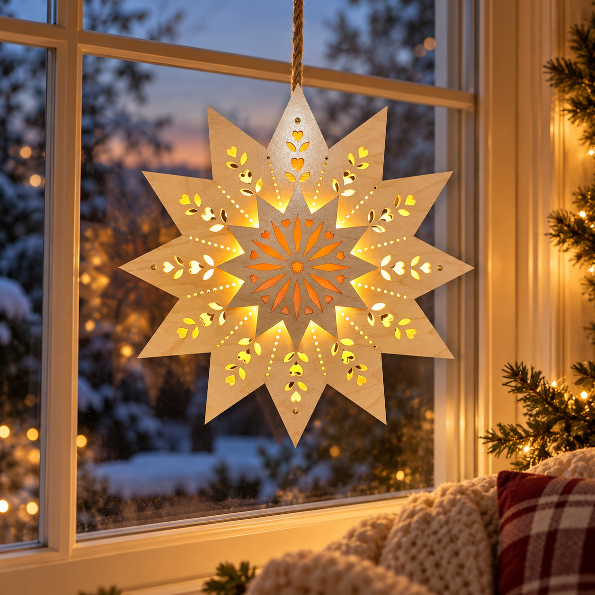 Glowing Scandinavian wooden star light hanging in a window with a snowy winter scene outside, featuring intricate layered heart and leaf designs.