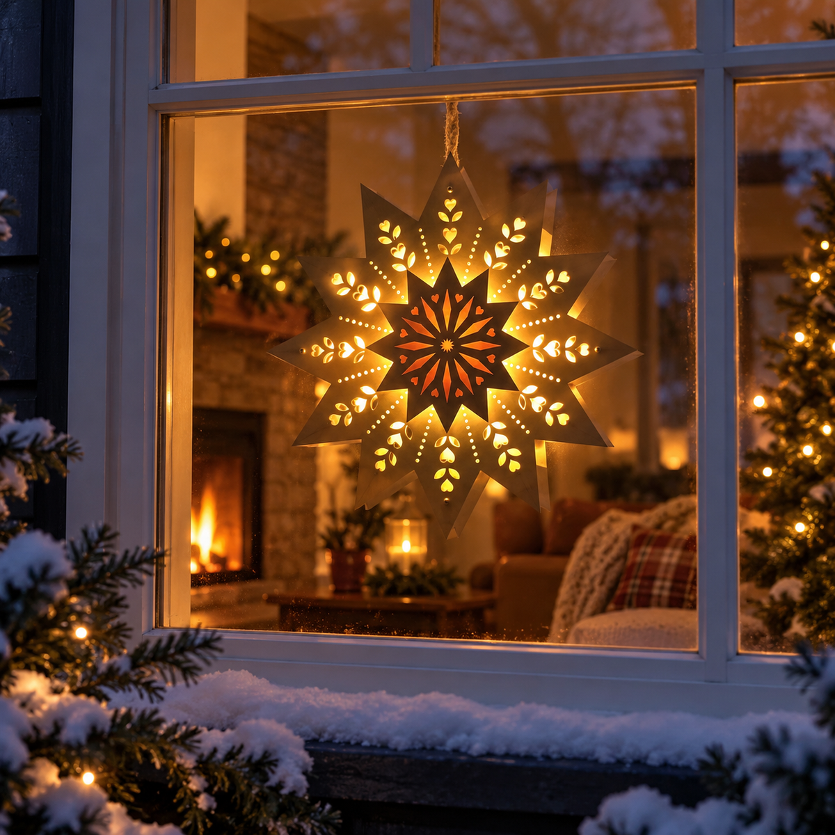 Scandinavian wooden star light glowing in a window viewed from outside on a snowy evening, with a warmly illuminated home interior.