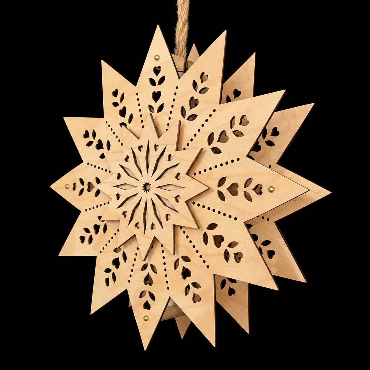 Angled view of an unlit wooden Welcome Light showing the raised center star, multiple wooden layers, intricate cutouts, and natural wood finish.