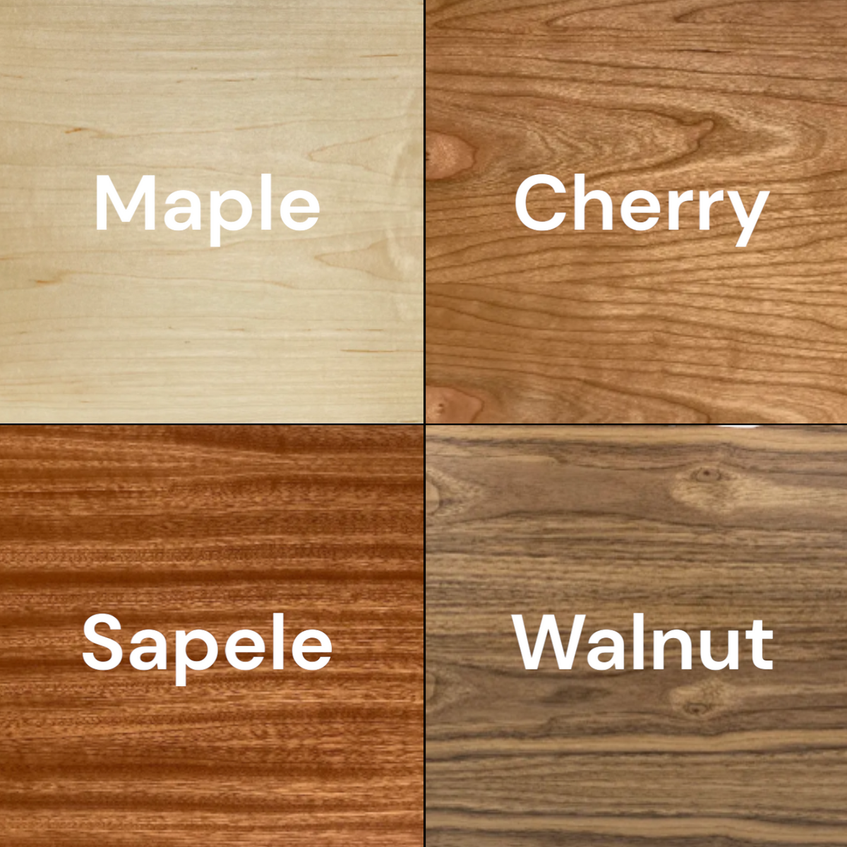 Genuine hardwood veneer samples showing the four available Welcome Light finishes: maple, cherry, sapele, and walnut.