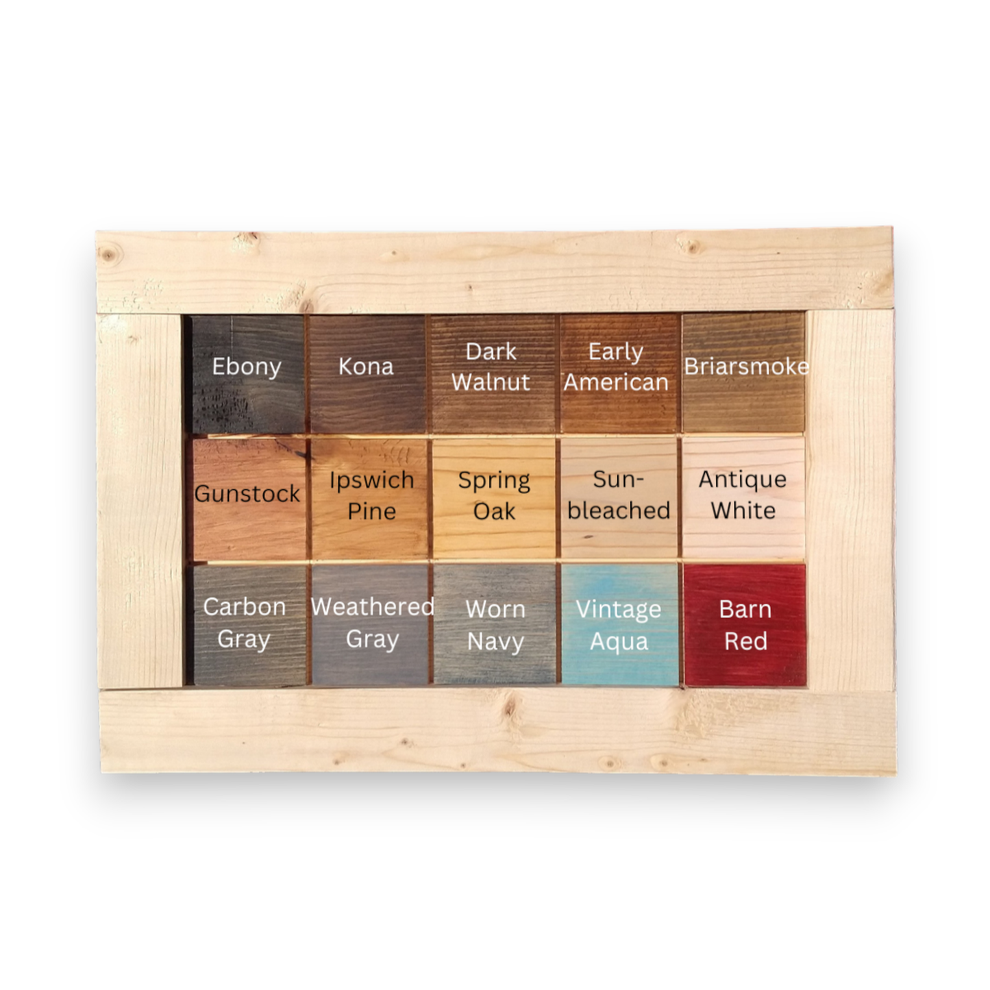 Pine wood frame stain options including Ebony, Kona, Dark Walnut, Early American, Briarsmoke, Gunstock, Ipswich Pine, Spring Oak, Sunbleached, Antique White, Carbon Gray, Weathered Gray, Worn Navy, Vintage Aqua and Barn Red